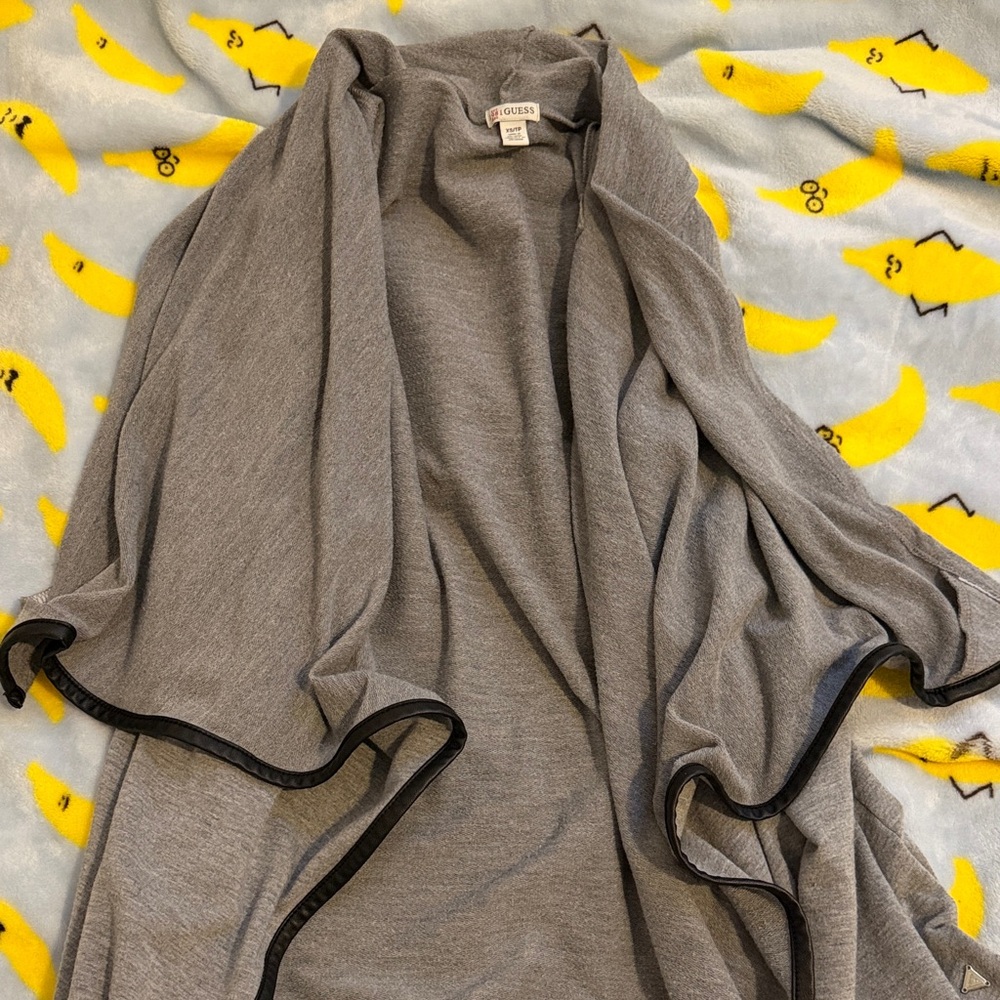 Guess Gray Draped Open-Front Cardigan with Black Trim
